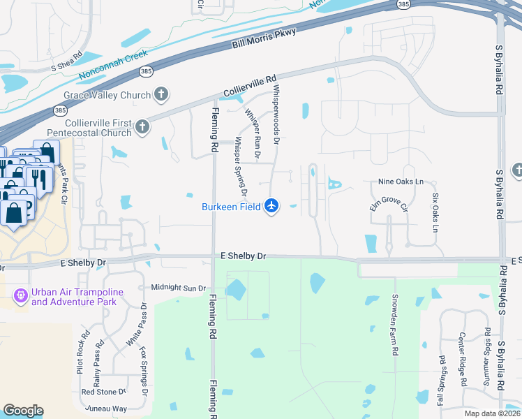 map of restaurants, bars, coffee shops, grocery stores, and more near 4585 Whisper Spring Drive in Collierville