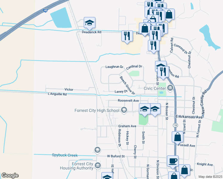 map of restaurants, bars, coffee shops, grocery stores, and more near 268 Laney Drive in Forrest City