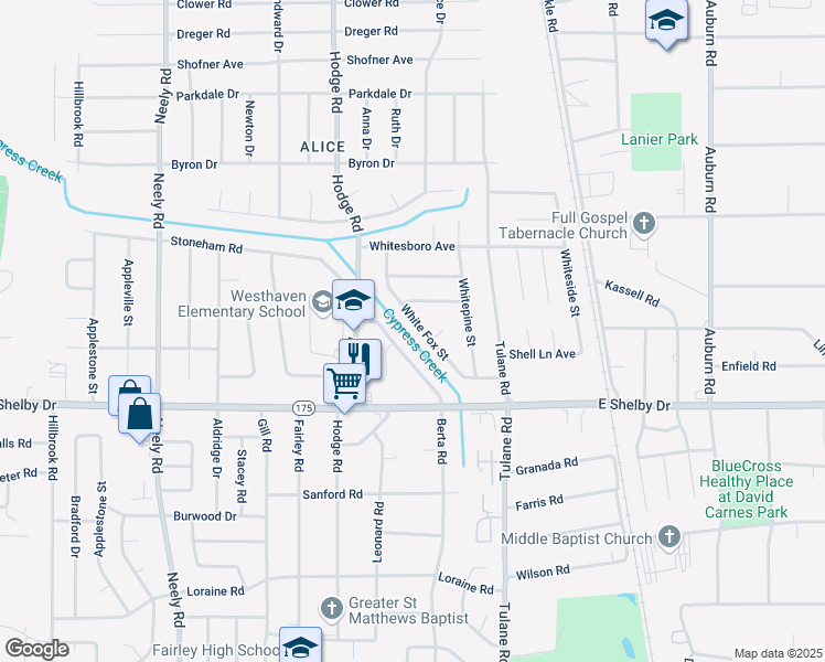 map of restaurants, bars, coffee shops, grocery stores, and more near 4587 White Fox Street in Memphis