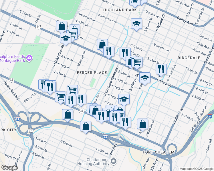 map of restaurants, bars, coffee shops, grocery stores, and more near 1801 South Orchard Knob Avenue in Chattanooga