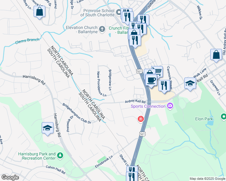 map of restaurants, bars, coffee shops, grocery stores, and more near 11824 Bridgeview Lane in Charlotte