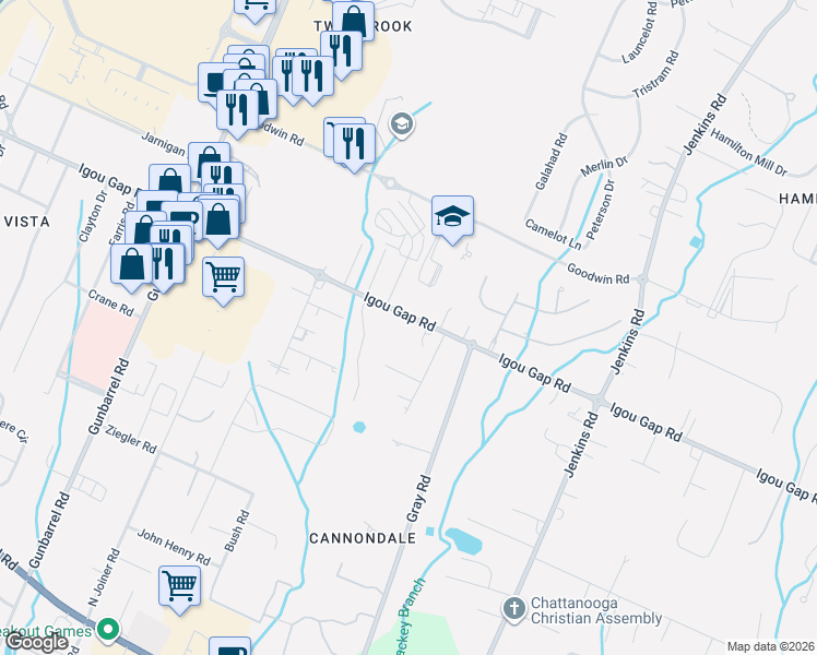 map of restaurants, bars, coffee shops, grocery stores, and more near 7548 Igou Gap Road in Chattanooga