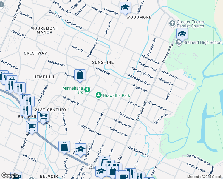 map of restaurants, bars, coffee shops, grocery stores, and more near 416 Sequoia Drive in Chattanooga