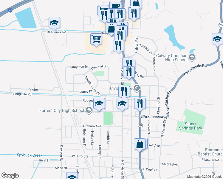 map of restaurants, bars, coffee shops, grocery stores, and more near 204 Beech Grove Drive in Forrest City