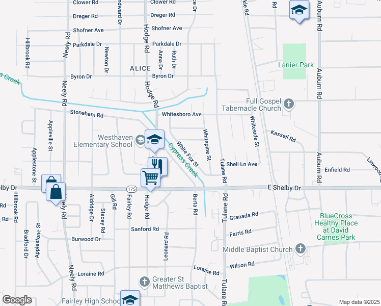 map of restaurants, bars, coffee shops, grocery stores, and more near 4587 White Fox Street in Memphis