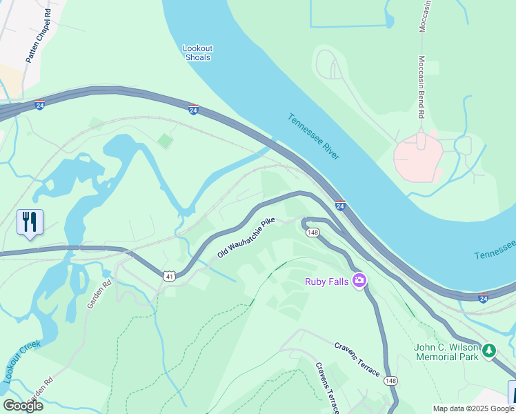 map of restaurants, bars, coffee shops, grocery stores, and more near 2453 Cummings Highway in Chattanooga