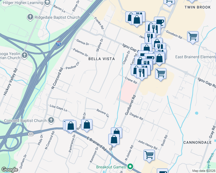 map of restaurants, bars, coffee shops, grocery stores, and more near 1713 Clayton Drive in Chattanooga
