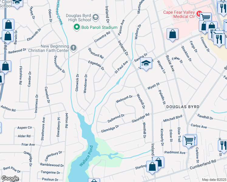 map of restaurants, bars, coffee shops, grocery stores, and more near 4026 Village Drive in Fayetteville
