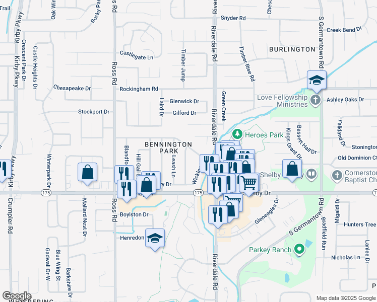 map of restaurants, bars, coffee shops, grocery stores, and more near 6891 Rockbrook Dr in Memphis