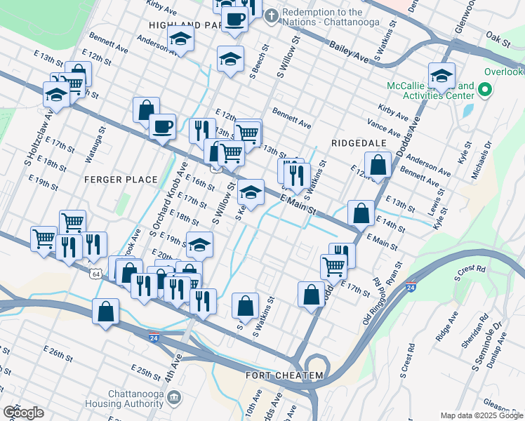 map of restaurants, bars, coffee shops, grocery stores, and more near 1603 South Lyerly Street in Chattanooga