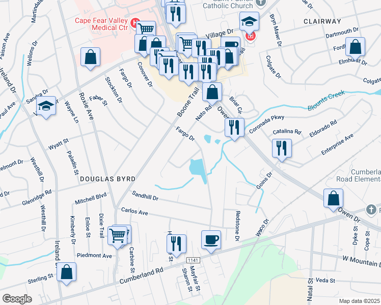 map of restaurants, bars, coffee shops, grocery stores, and more near 2014 Fargo Drive in Fayetteville