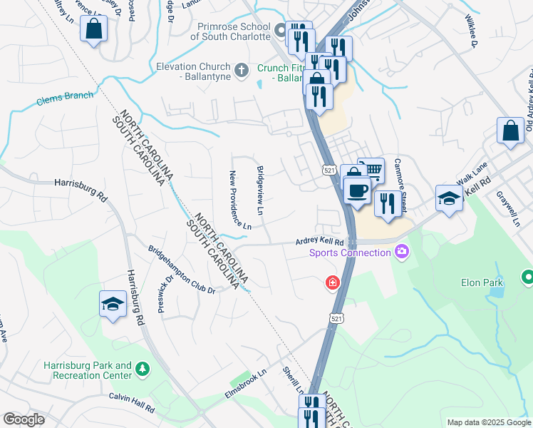 map of restaurants, bars, coffee shops, grocery stores, and more near 11824 Bridgeview Lane in Charlotte