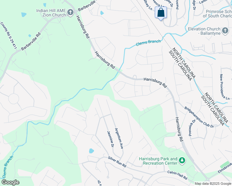 map of restaurants, bars, coffee shops, grocery stores, and more near 10563 Harrisburg Road in Fort Mill