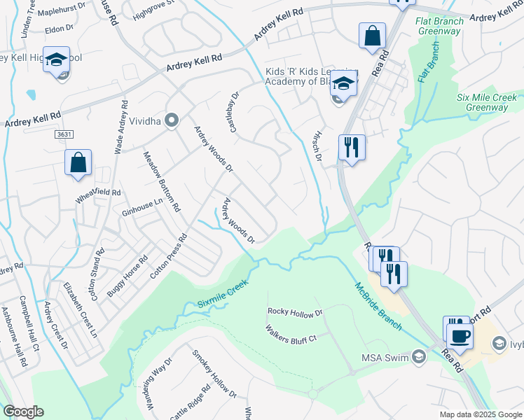 map of restaurants, bars, coffee shops, grocery stores, and more near 9447 Ardrey Woods Drive in Charlotte
