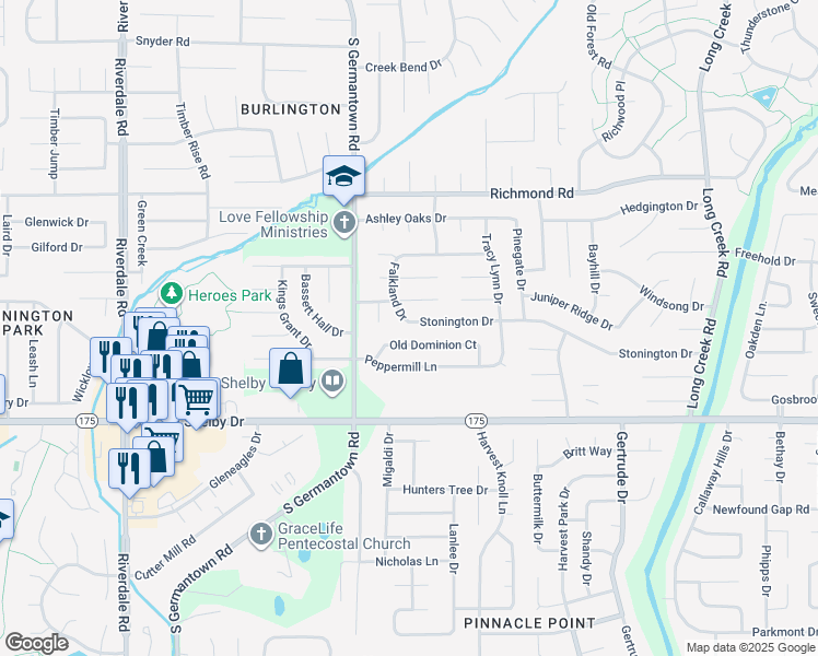 map of restaurants, bars, coffee shops, grocery stores, and more near 7299 Stonington Drive in Memphis