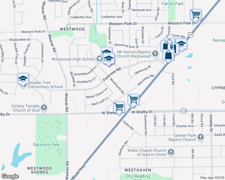 map of restaurants, bars, coffee shops, grocery stores, and more near 4588 Marigold Lane in Memphis