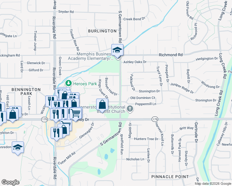 map of restaurants, bars, coffee shops, grocery stores, and more near 4586 Bassett Hall Drive in Memphis