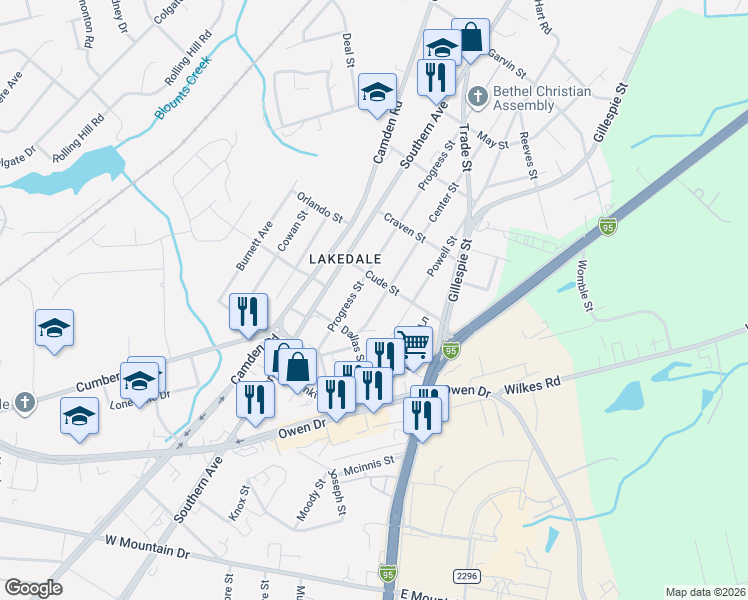 map of restaurants, bars, coffee shops, grocery stores, and more near 2009 Progress Street in Fayetteville