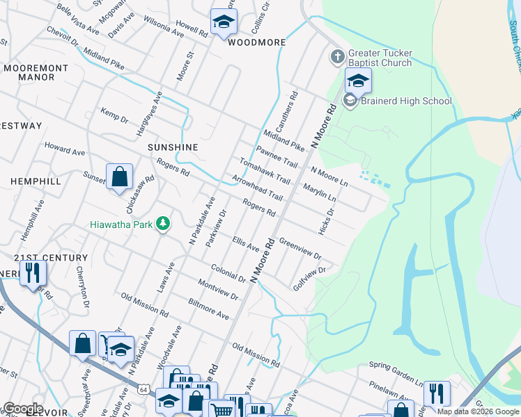 map of restaurants, bars, coffee shops, grocery stores, and more near 4805 Rogers Road in Chattanooga