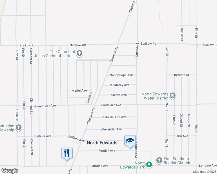 map of restaurants, bars, coffee shops, grocery stores, and more near 16768 Monterey Avenue in North Edwards