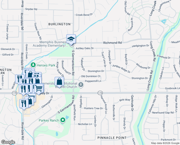 map of restaurants, bars, coffee shops, grocery stores, and more near 7299 Stonington Drive in Memphis
