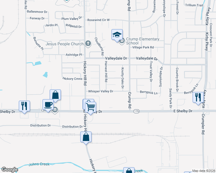 map of restaurants, bars, coffee shops, grocery stores, and more near 4579 Harvest Hill Road in Memphis