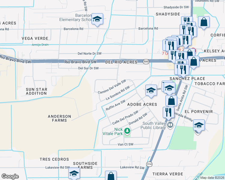 map of restaurants, bars, coffee shops, grocery stores, and more near 3940 Camino Del Valle Southwest in Albuquerque