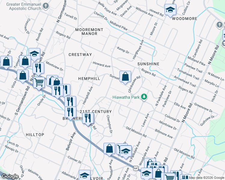 map of restaurants, bars, coffee shops, grocery stores, and more near 4102 Midwoode Drive in Chattanooga
