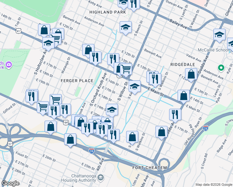 map of restaurants, bars, coffee shops, grocery stores, and more near 2072 East 17th Street in Chattanooga