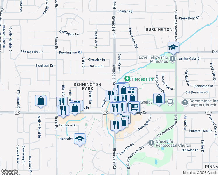 map of restaurants, bars, coffee shops, grocery stores, and more near 4573 Cognac Cove in Memphis