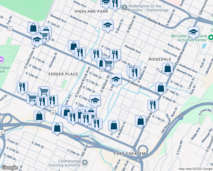 map of restaurants, bars, coffee shops, grocery stores, and more near 1608 South Willow Street in Chattanooga