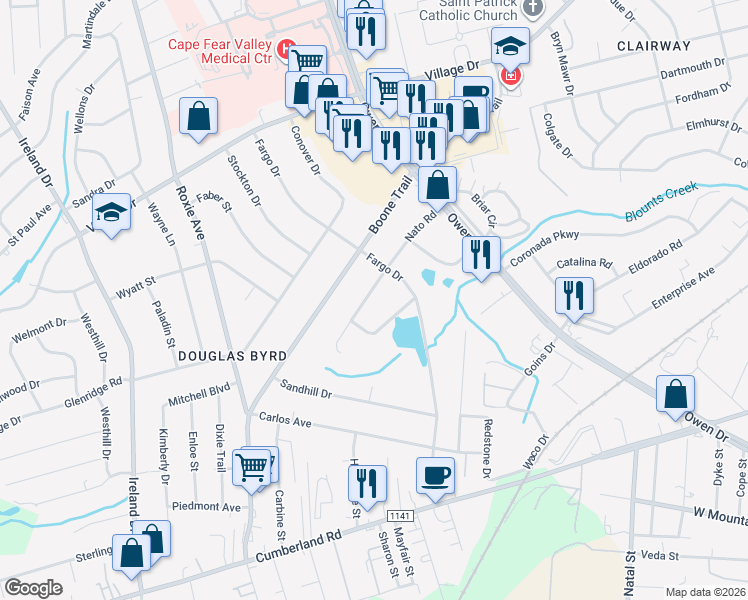 map of restaurants, bars, coffee shops, grocery stores, and more near 3315 Nato Road in Fayetteville
