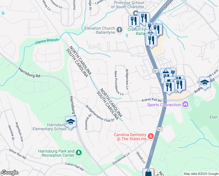 map of restaurants, bars, coffee shops, grocery stores, and more near 16519 Bridgehampton Club Drive in Charlotte