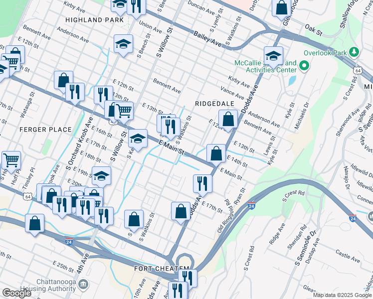 map of restaurants, bars, coffee shops, grocery stores, and more near 2411 East Main Street in Chattanooga