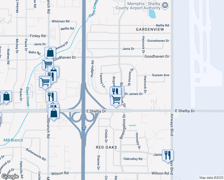 map of restaurants, bars, coffee shops, grocery stores, and more near 4585 Bogart Street in Memphis