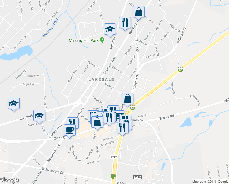 map of restaurants, bars, coffee shops, grocery stores, and more near 209 Cude Street in Fayetteville