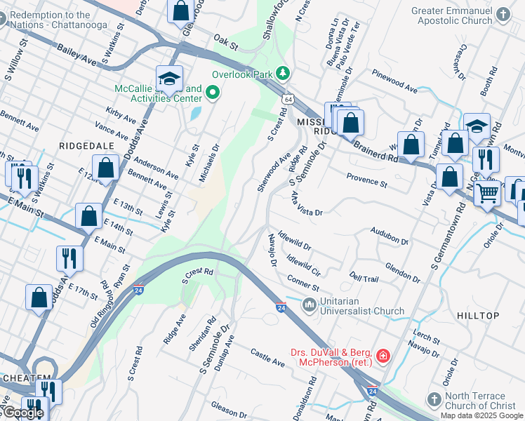map of restaurants, bars, coffee shops, grocery stores, and more near 315 South Seminole Drive in Chattanooga