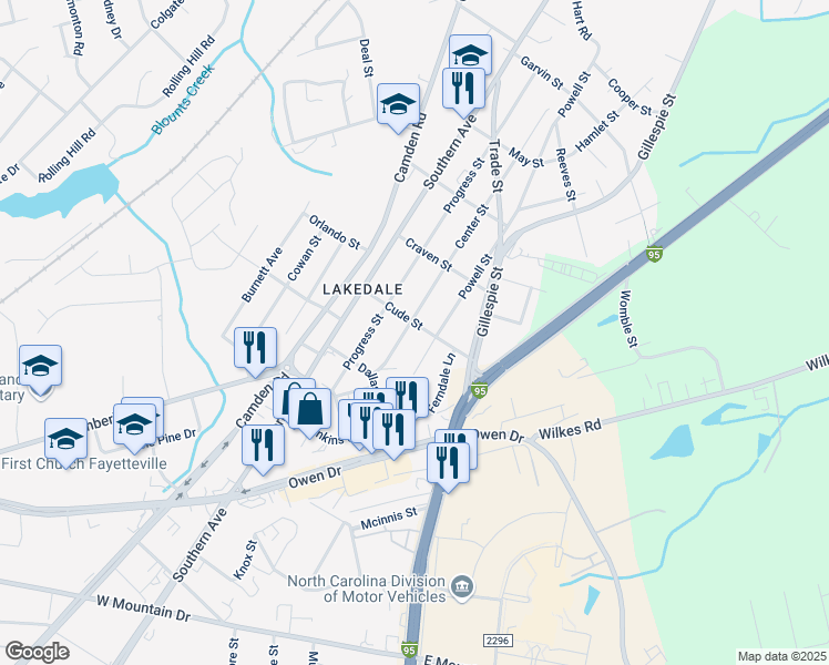 map of restaurants, bars, coffee shops, grocery stores, and more near 209 Cude Street in Fayetteville