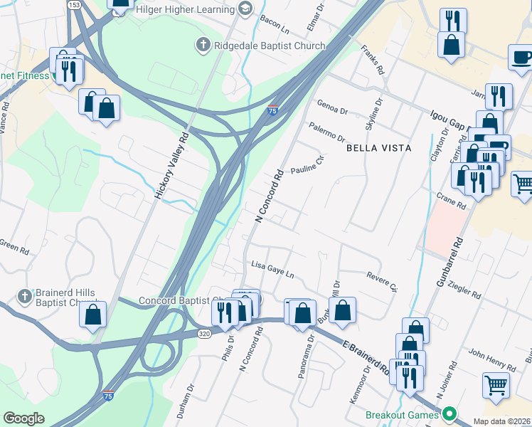 map of restaurants, bars, coffee shops, grocery stores, and more near 7001 Greenway Drive in Chattanooga