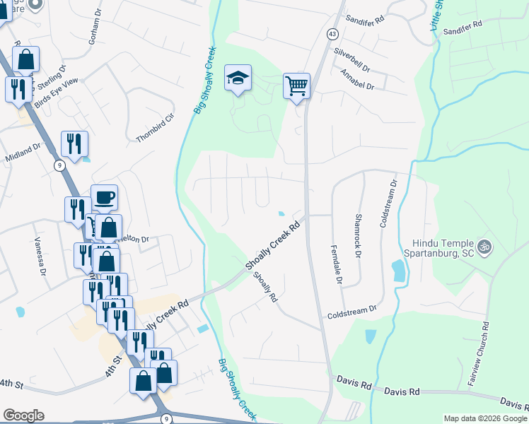 map of restaurants, bars, coffee shops, grocery stores, and more near 363 Aniken Circle in Boiling Springs