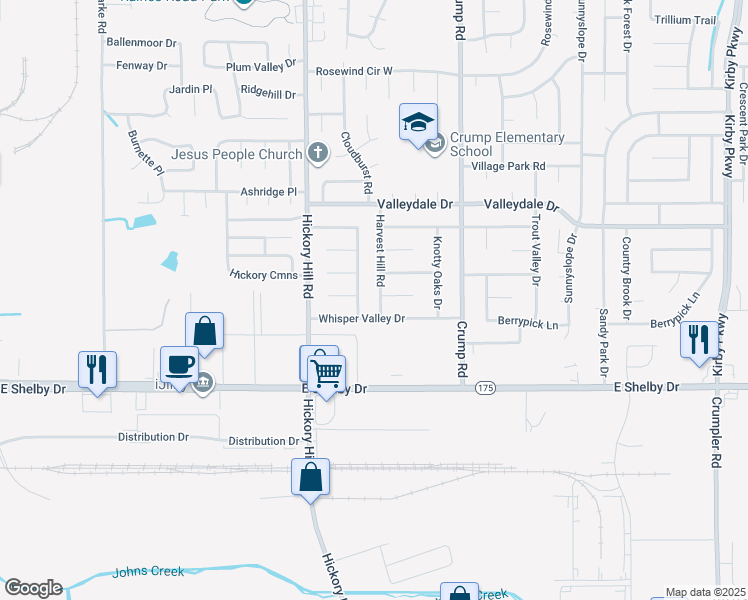 map of restaurants, bars, coffee shops, grocery stores, and more near 4579 Harvest Hill Road in Memphis