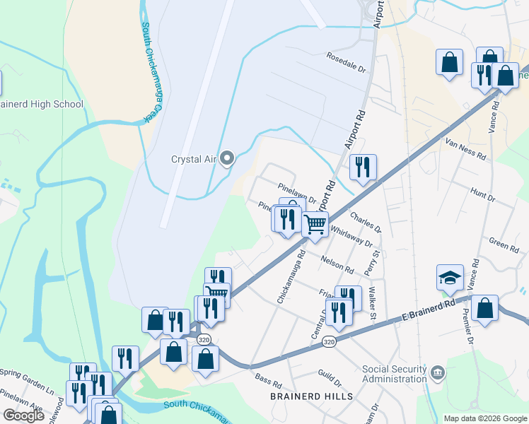 map of restaurants, bars, coffee shops, grocery stores, and more near 5910 Pinegrove Trail in Chattanooga