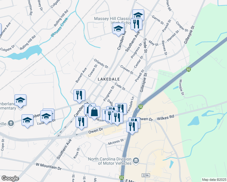 map of restaurants, bars, coffee shops, grocery stores, and more near 2009 Progress Street in Fayetteville
