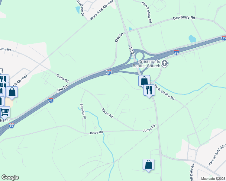 map of restaurants, bars, coffee shops, grocery stores, and more near 421 Burns Road in Spartanburg