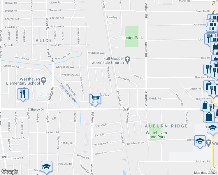 map of restaurants, bars, coffee shops, grocery stores, and more near 4589 Whiteside Street in Memphis