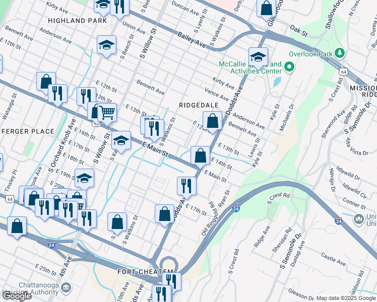 map of restaurants, bars, coffee shops, grocery stores, and more near 2506 East 14th Street in Chattanooga