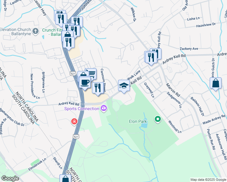 map of restaurants, bars, coffee shops, grocery stores, and more near 11338 Ardrey Kell Road in Charlotte