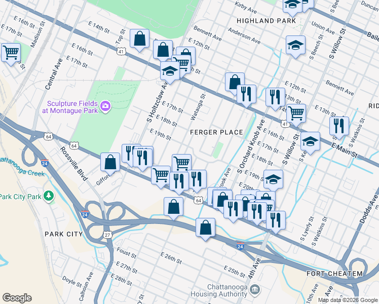 map of restaurants, bars, coffee shops, grocery stores, and more near 1600 East 20th Street in Chattanooga