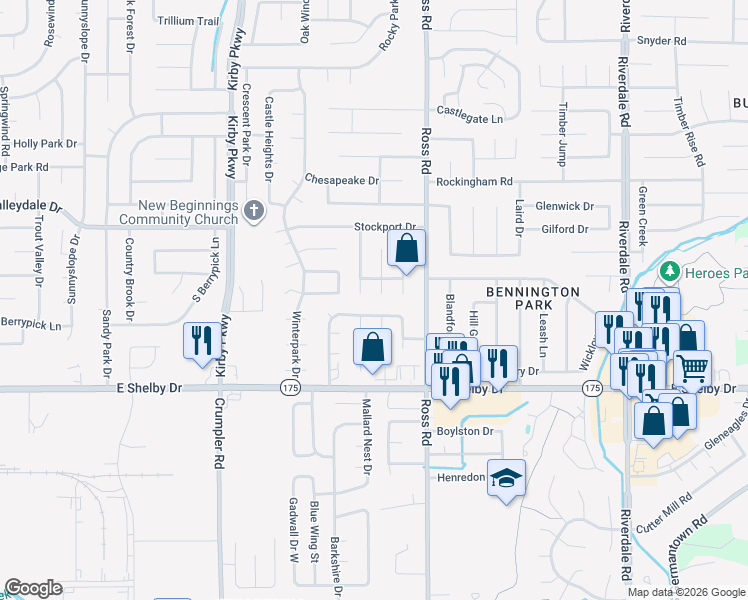 map of restaurants, bars, coffee shops, grocery stores, and more near 4572 Misty Moor Lane in Memphis