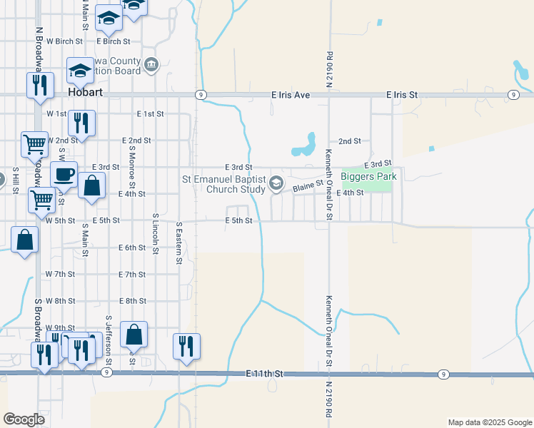 map of restaurants, bars, coffee shops, grocery stores, and more near 421 South Garfield Street in Hobart